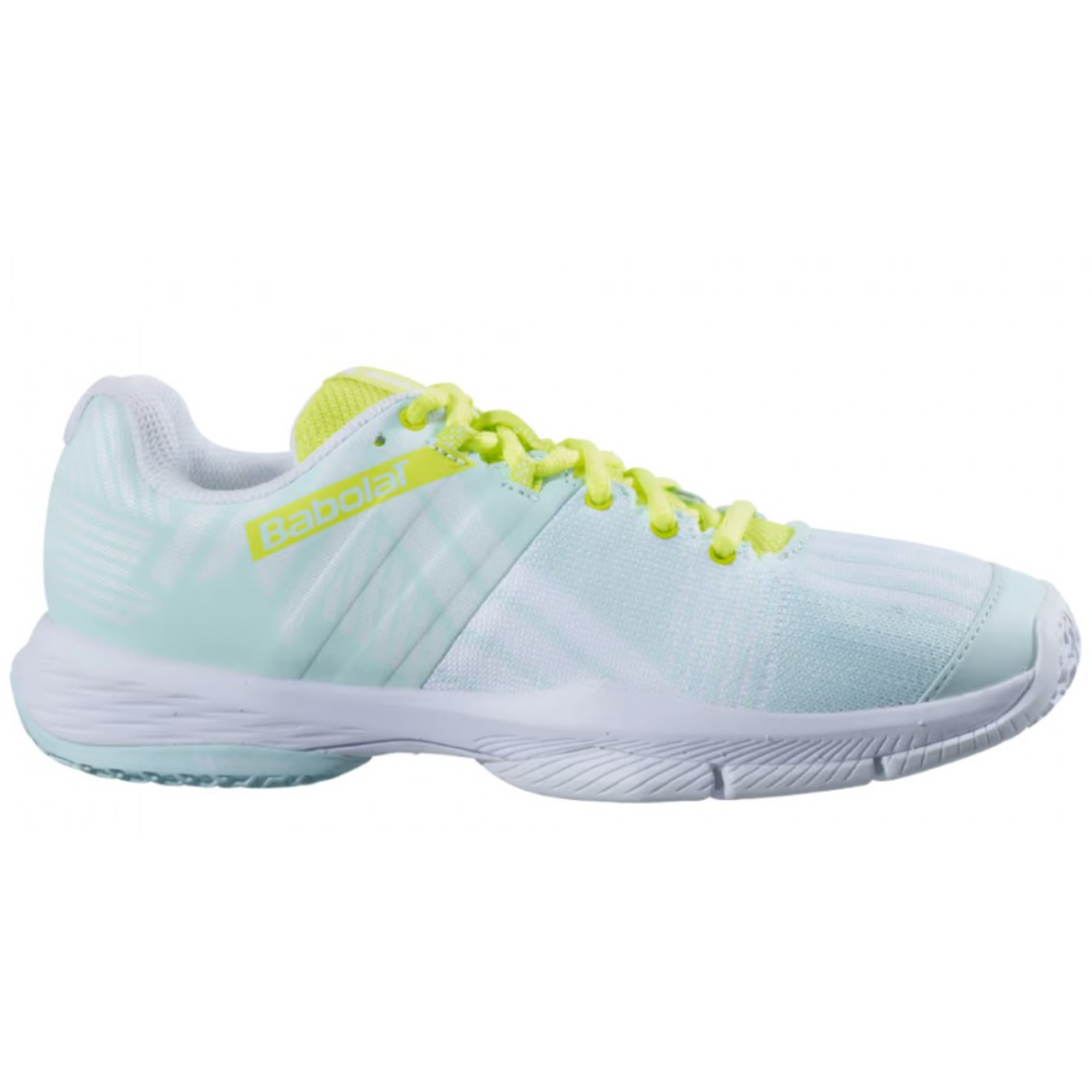 Zapatillas de pádel Babolat Sensa para mujer azul/amarillo lateral - Esprit Padel Shop